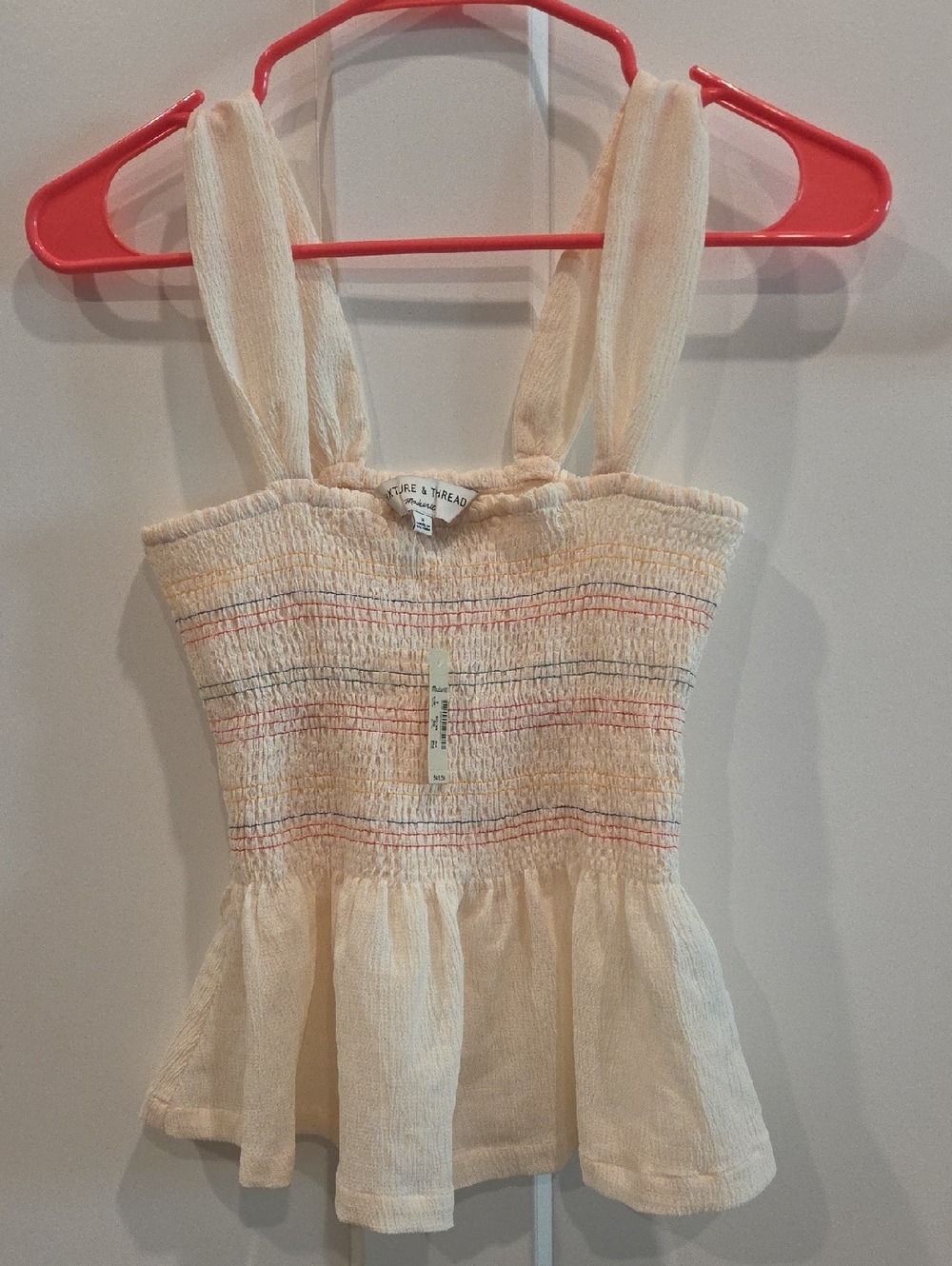 Madewell Ivory Smocked Tank with Multicolor Stripe Detail
